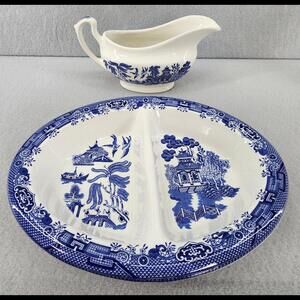 Vintage Blue Willow Divided Oval Serving Dish Bowl And Gravey Boat